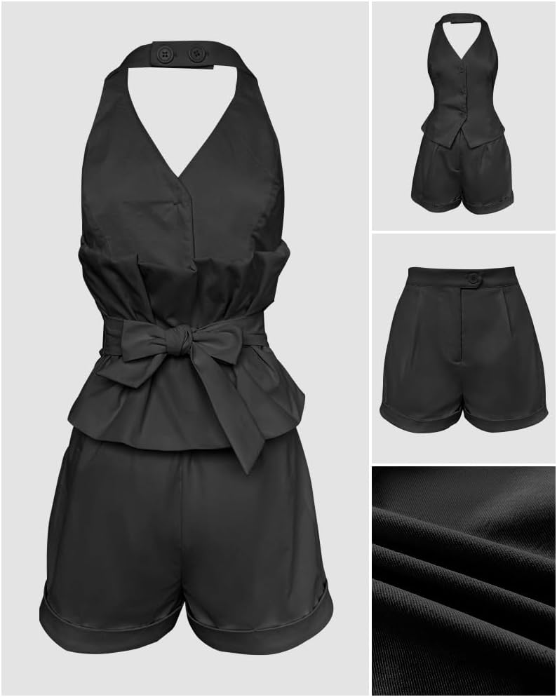 Womens 2 Piece Set Halter V Neck Button Front Backless Top with Elastic Waist Shorts Coordinated Set Party Wear