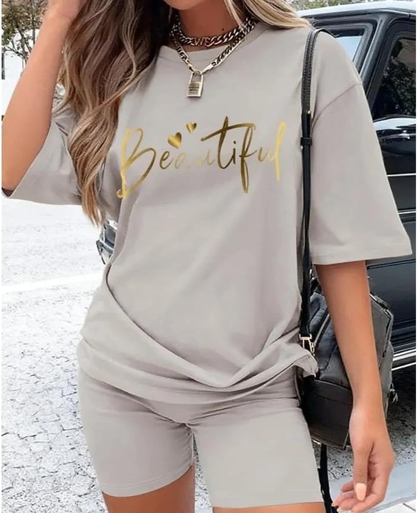 2-Piece Women Fashion Casual Activewear Set Short Sleeve Top Fitted Shorts Comfortable Daily Outfit for Streetwear and Home