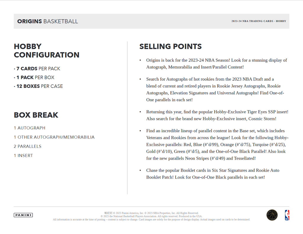 2023-24 Panini Origins Basketball Hobby 12 Box Case