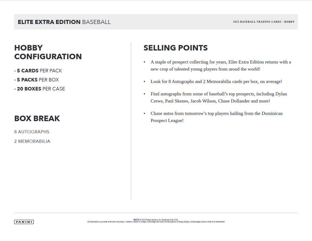 2023 Panini Elite Extra Edition Baseball Hobby 20 Box Case