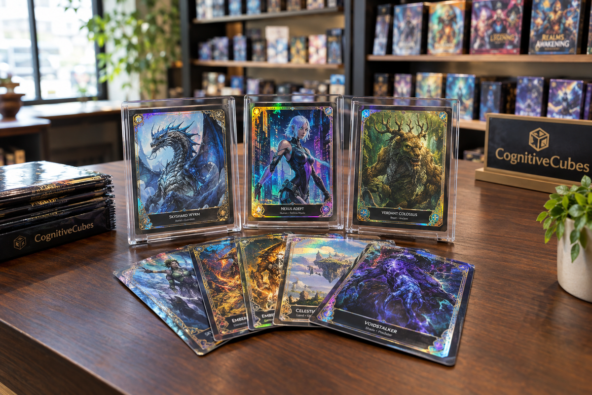Collectible cards displayed together in a CognitiveCubes shop setting