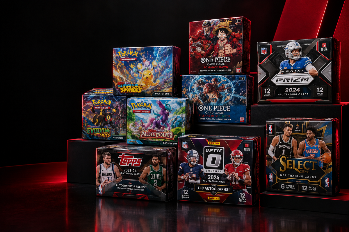 Professional trading-card hobby boxes with black and crimson styling