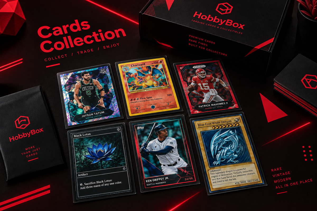 Trading card flat lay with a dark red and black background